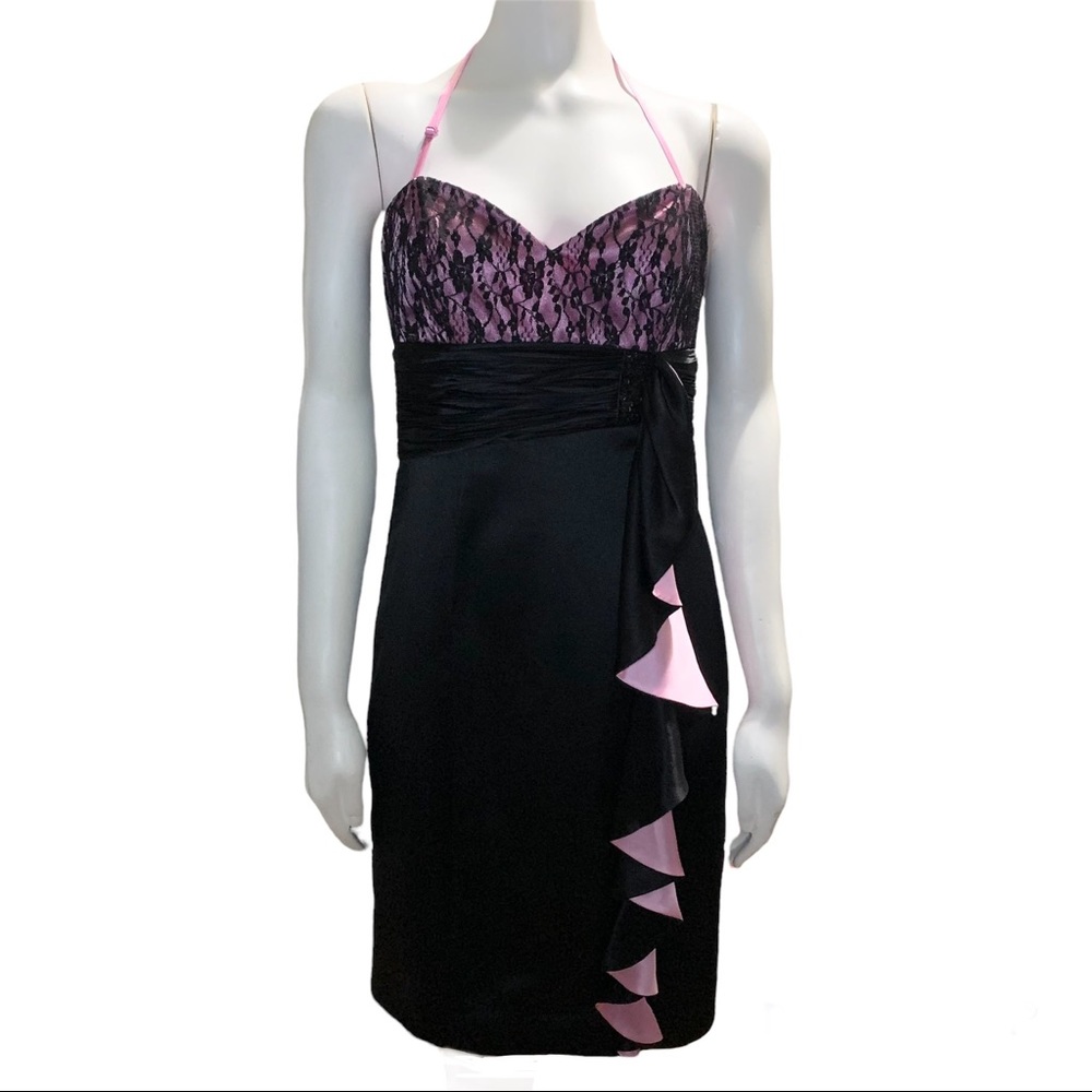 BETSEY JOHNSON EVENING Black/Pink Satin Sequin Ruffle Strapless Dress